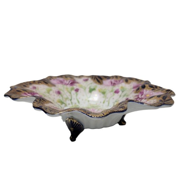 Antique 3 Footed Moriage Floral Nippon Hand Painted Nut Bowl w/Gold Leaf Detail - Picture 2 of 9